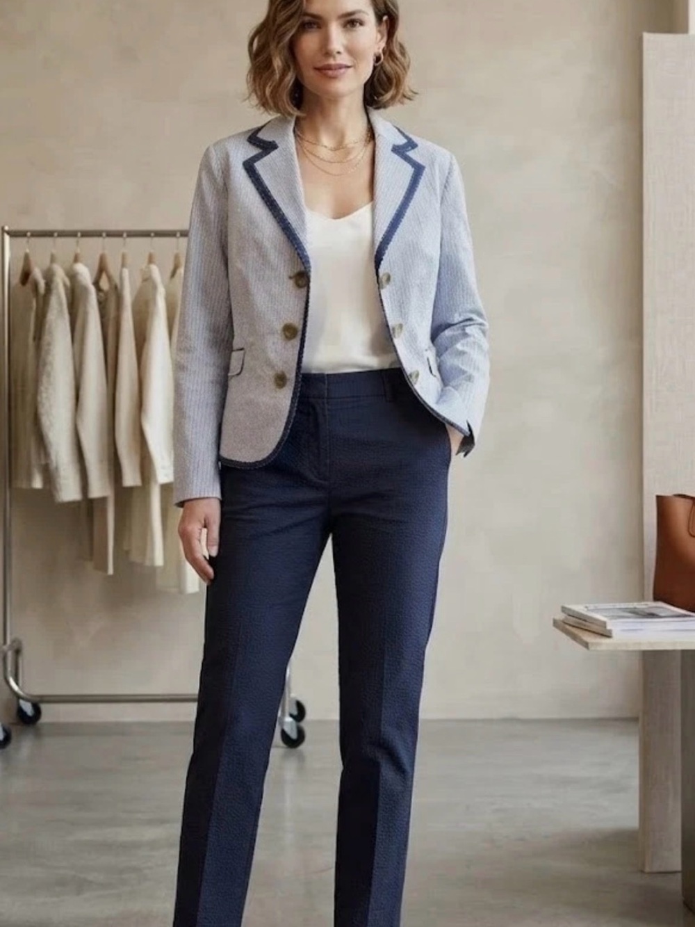 Boden Pinestriped Blue Blazer with Navy Trim, US 8